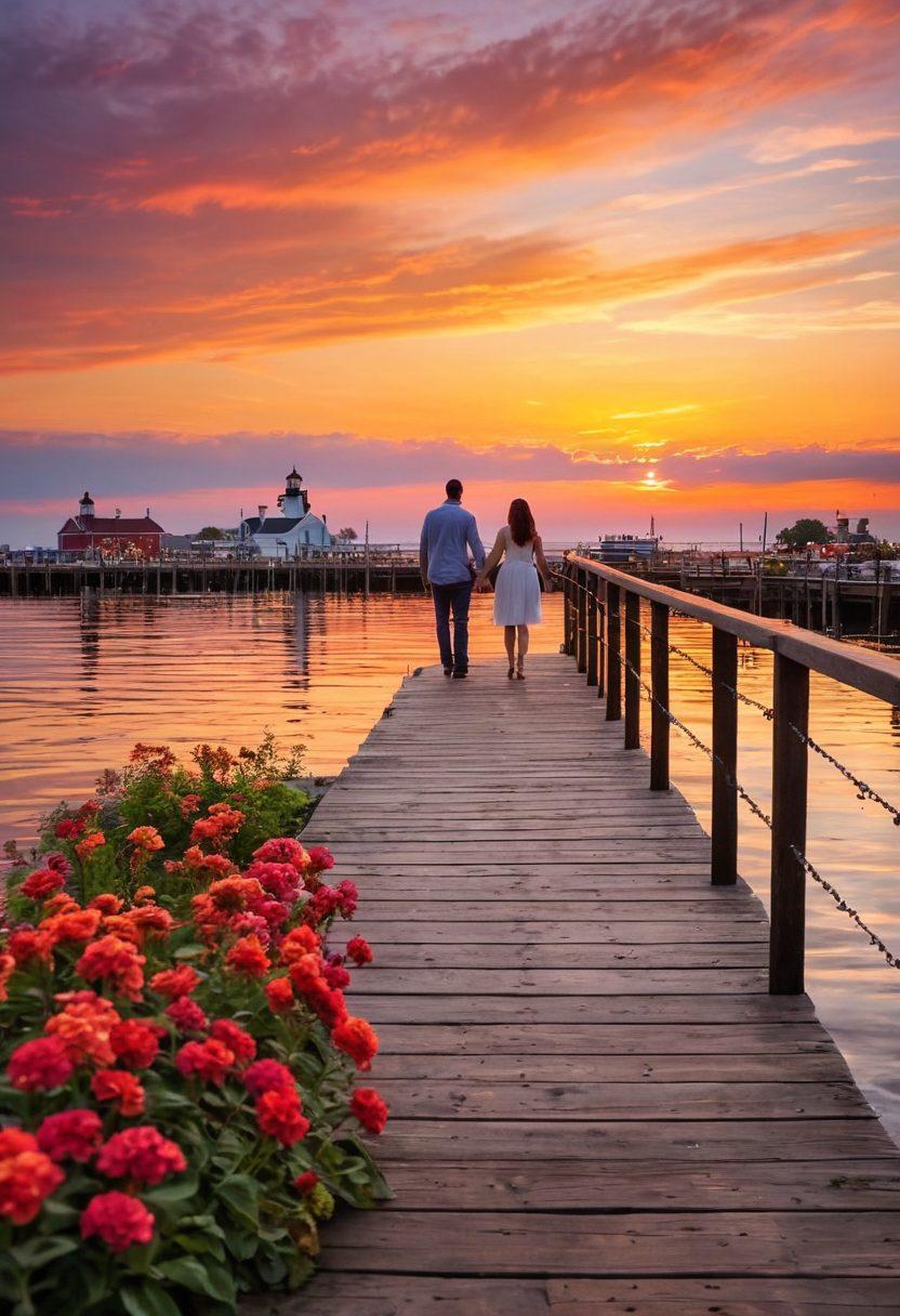 A breathtaking sunset over Duluth's scenic harbor, with a couple holding hands on a romantic wooden pier. Surrounding them are vibrant flowers and twinkling fairy lights, creating an intimate atmosphere. Soft waves gently lap against the shore, reflecting the warm colors of the sunset. Capture the spirit of romance and adventure in this beautiful location. super-realistic. vibrant colors. warm tones.
