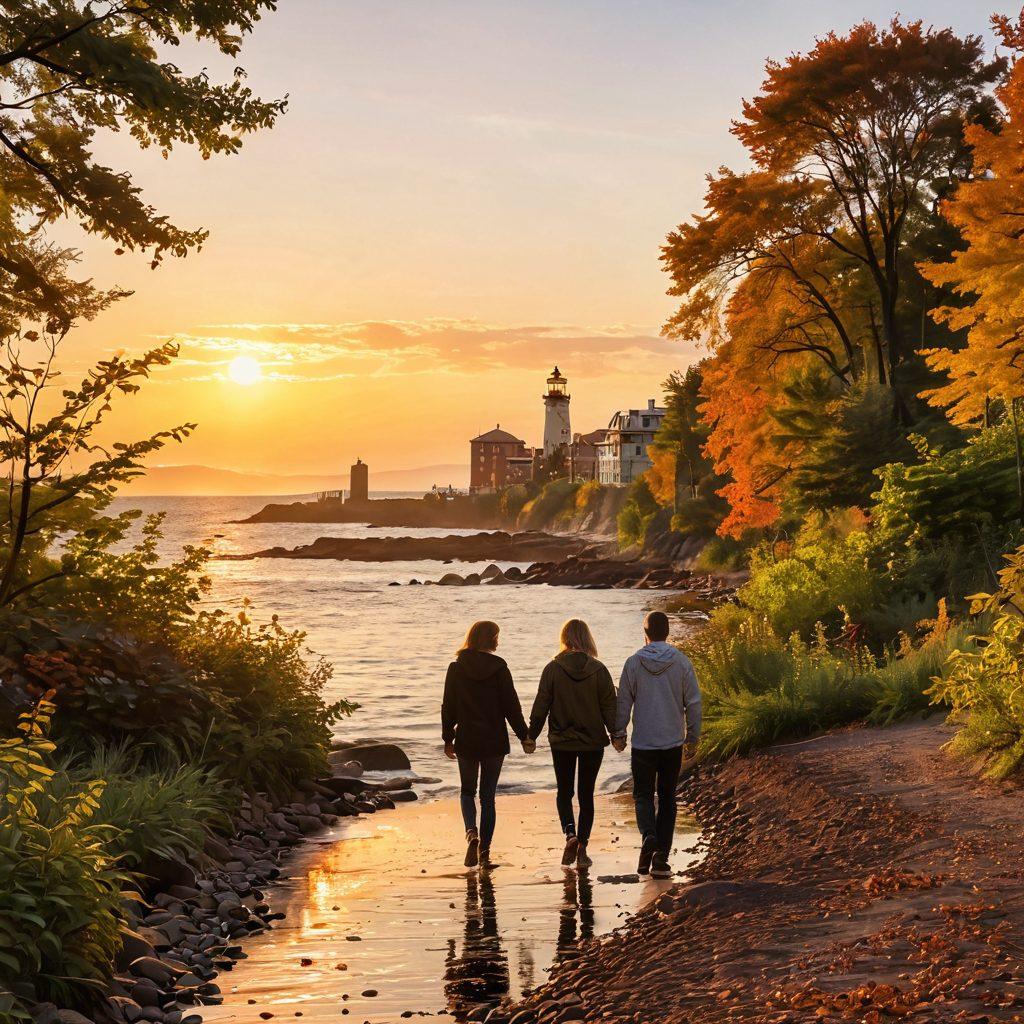 A scenic view of Duluth's stunning coastline with a couple walking hand-in-hand, surrounded by lush greenery and vibrant autumn leaves. The sun is setting, casting a warm golden glow over the water, and soft waves lap at their feet. In the background, iconic landmarks of Duluth can be seen, highlighting a sense of romance and adventure. Artistic details emphasizing love and togetherness add to the heartwarming atmosphere. super-realistic. vibrant colors. soft focus.