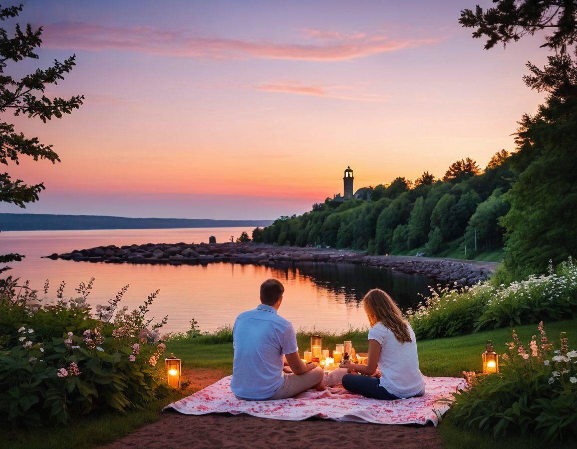 A picturesque sunset over Lake Superior in Duluth, with a couple enjoying a romantic picnic on a cozy blanket, surrounded by lush greenery and flowers. The scene captures the warmth of their embrace and the soft glow of candlelight, reflecting on the water. In the background, iconic Duluth landmarks add charm to the serene escape. pastel colors, dreamy atmosphere, soft focus.